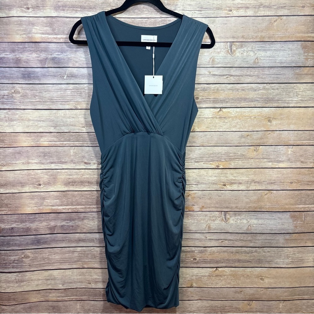 NWT Lavender Brown Abbie Sleeveless Surplice Front Grey Dress